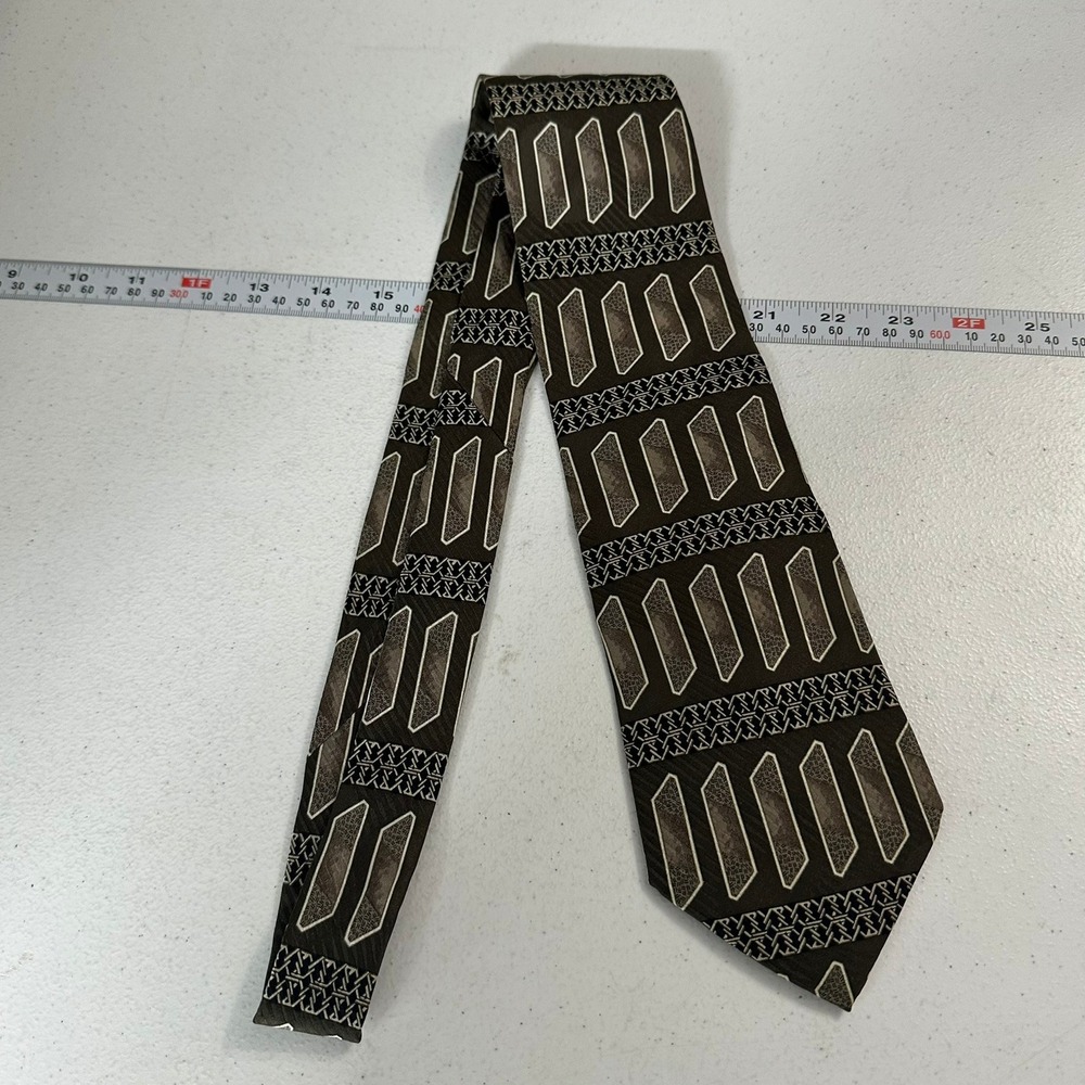 Savile Row Mens Silk Tie Brown Geometric Abstract Pattern Wide Necktie USA Made